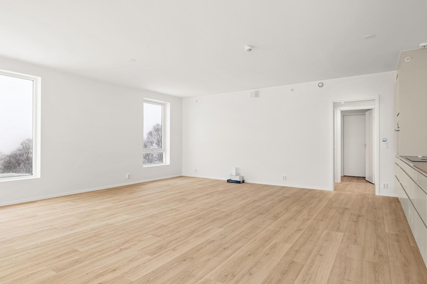 An empty room with pale wood floors and white walls